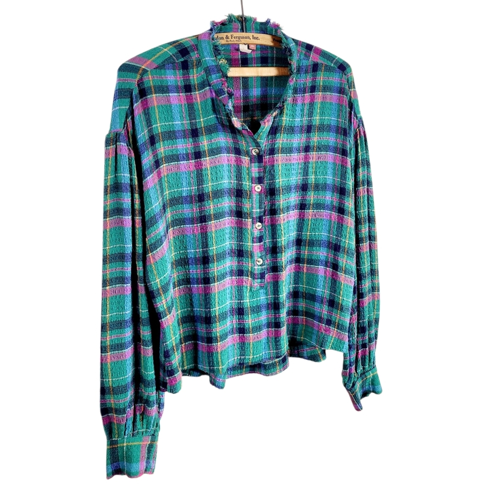NWOT PILCRO × ANTHROPOLOGIE Plaid Seersucker Cropped Puff Sleeve Shirt Top S - Picture 4 of 10